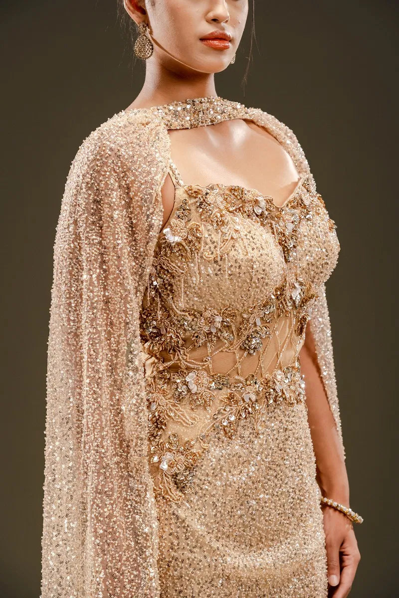 Beige Sequins Embroidered Net Fishcut Gown-JE2337
