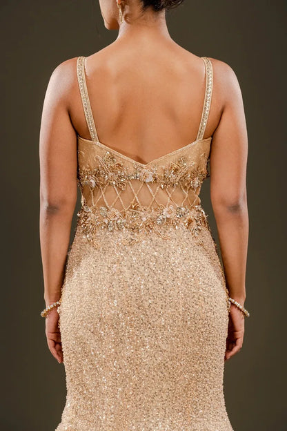 Beige Sequins Embroidered Net Fishcut Gown-JE2337