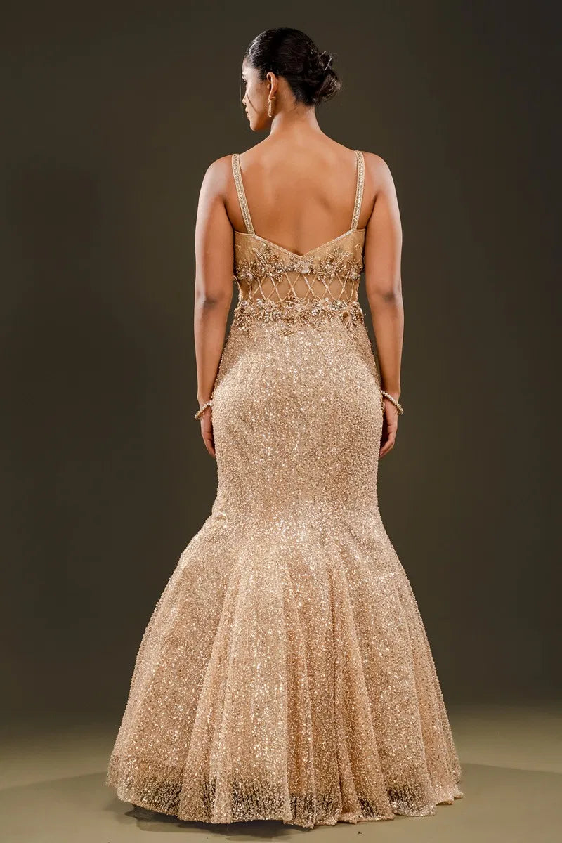 Beige Sequins Embroidered Net Fishcut Gown-JE2337