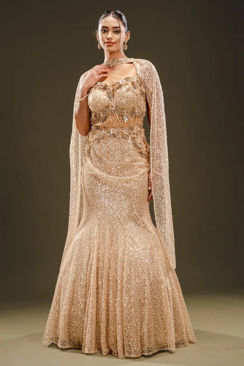 Beige Sequins Embroidered Net Fishcut Gown-JE2337