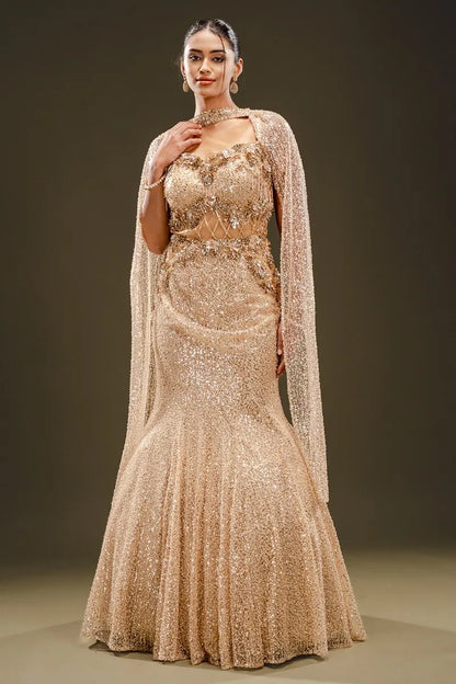 Beige Sequins Embroidered Net Fishcut Gown-JE2337
