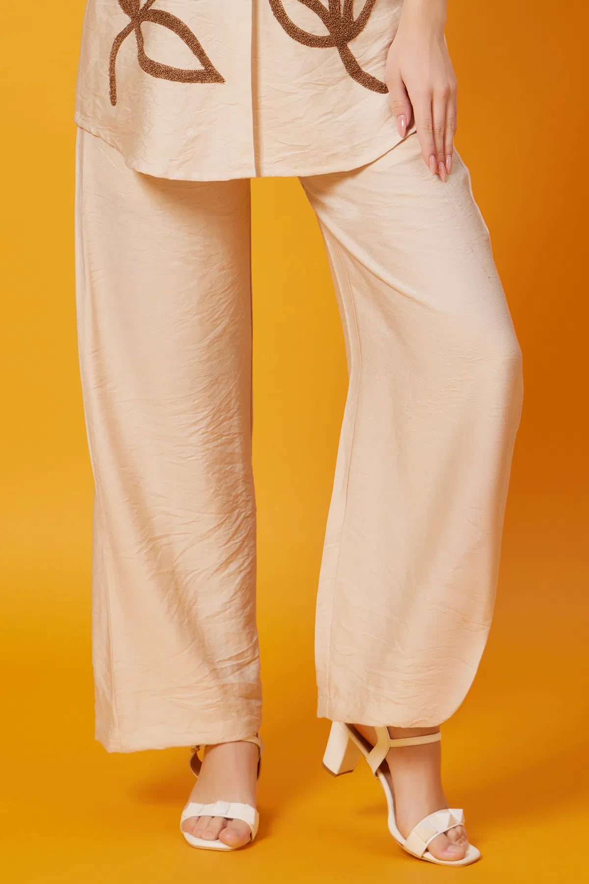 Beige Silk Kurti with Chinese Collar and Palazzo Pant-WKR1968