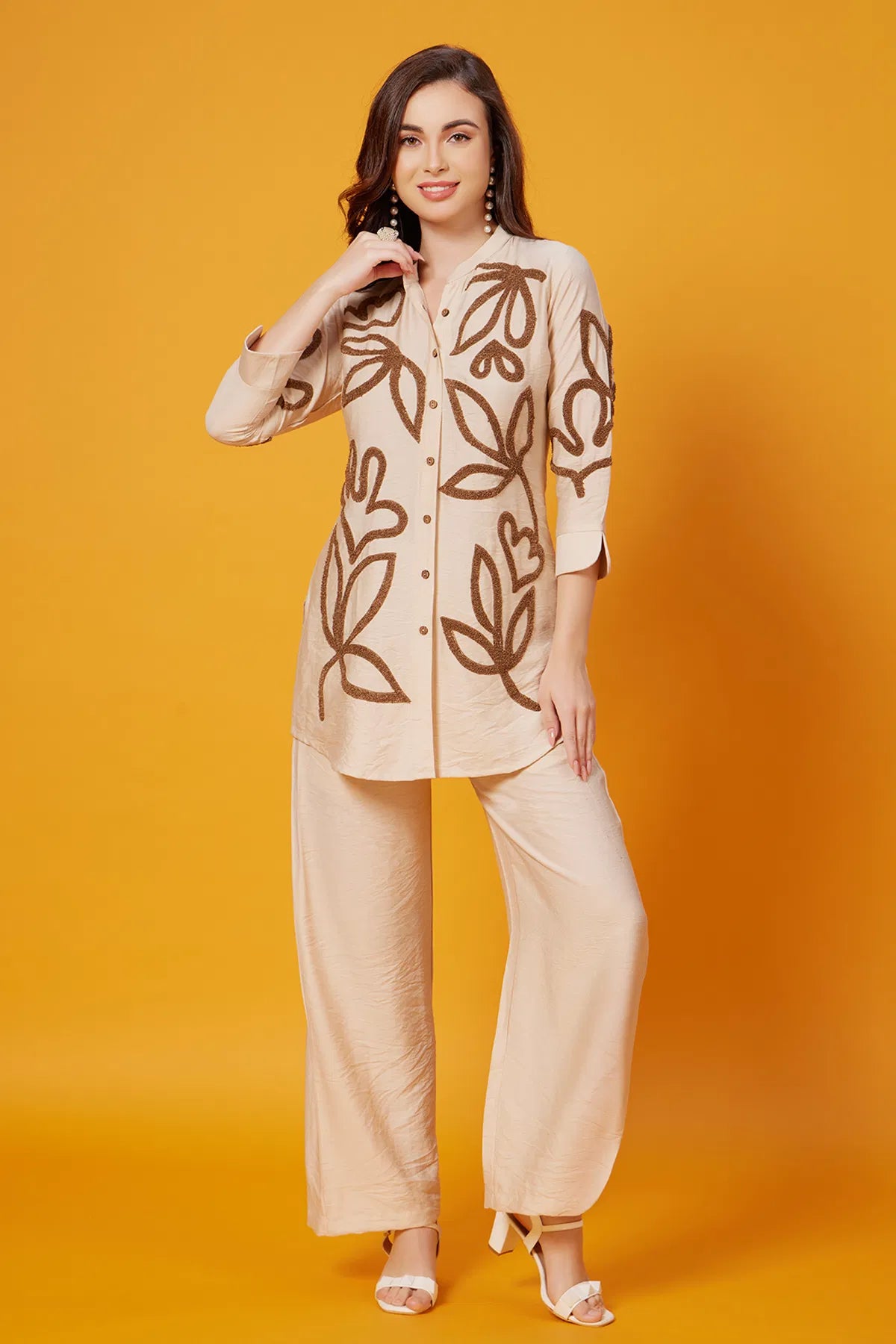 Beige Silk Kurti with Chinese Collar and Palazzo Pant-WKR1968
