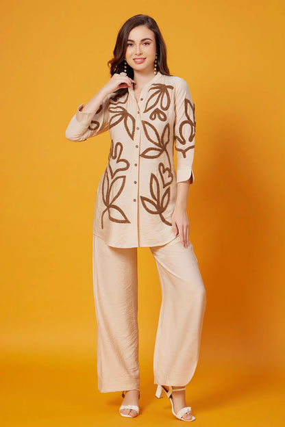 Beige Silk Kurti with Chinese Collar and Palazzo Pant-WKR1968