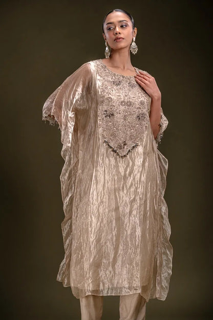 Beige Zardosi Embroidered Kaftan Style Tissue Kurti-JE4461