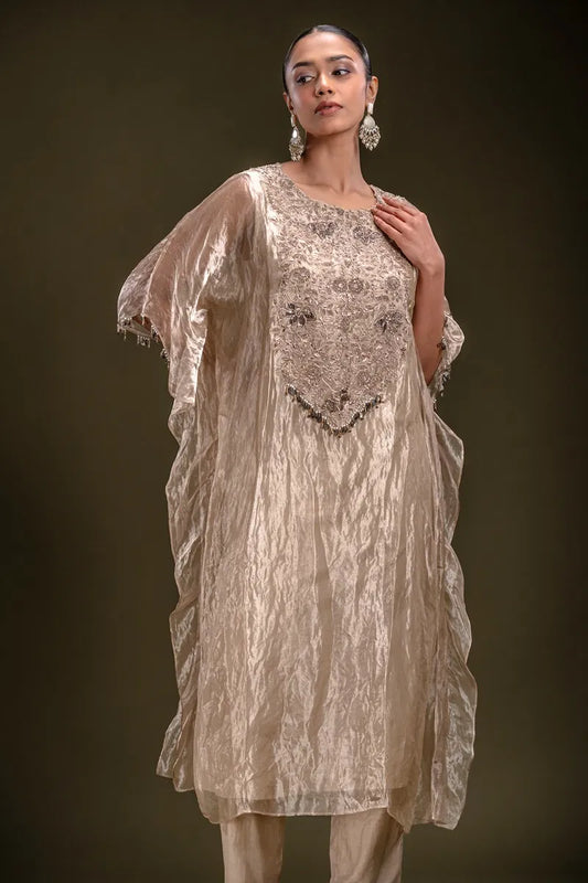 Beige Zardosi Embroidered Kaftan Style Tissue Kurti-JE4461