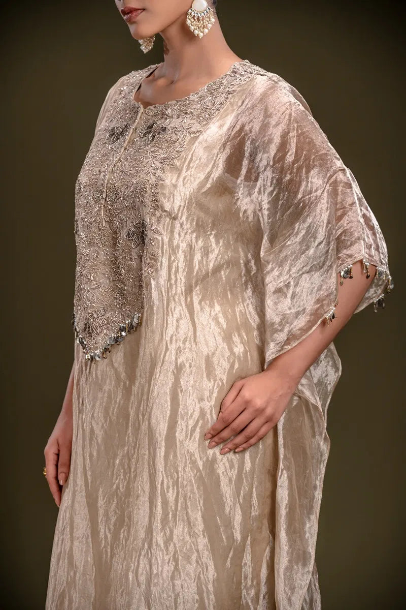Beige Zardosi Embroidered Kaftan Style Tissue Kurti-JE4461