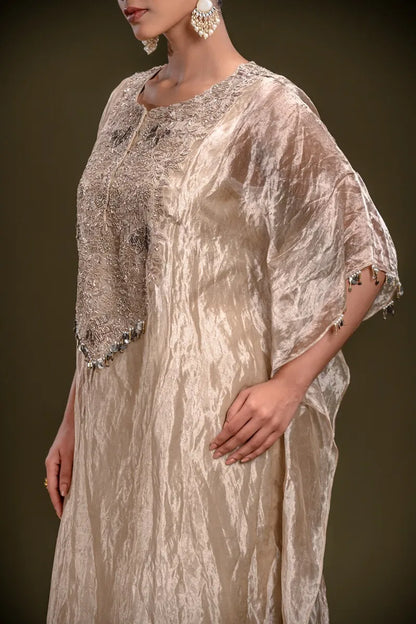 Beige Zardosi Embroidered Kaftan Style Tissue Kurti-JE4461