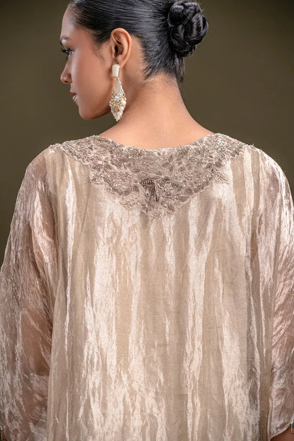 Beige Zardosi Embroidered Kaftan Style Tissue Kurti-JE4461