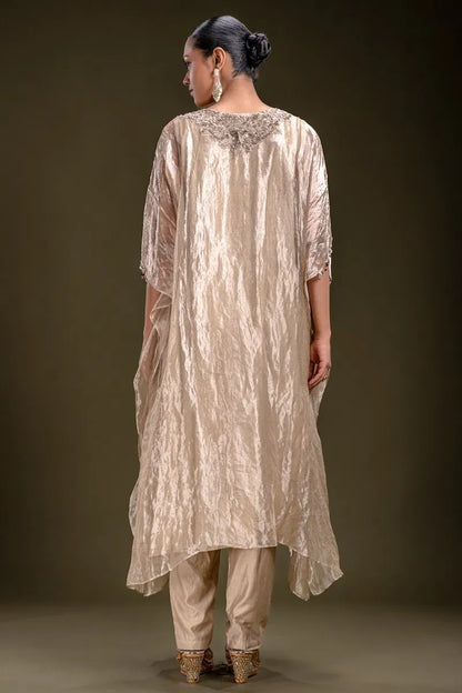 Beige Zardosi Embroidered Kaftan Style Tissue Kurti-JE4461