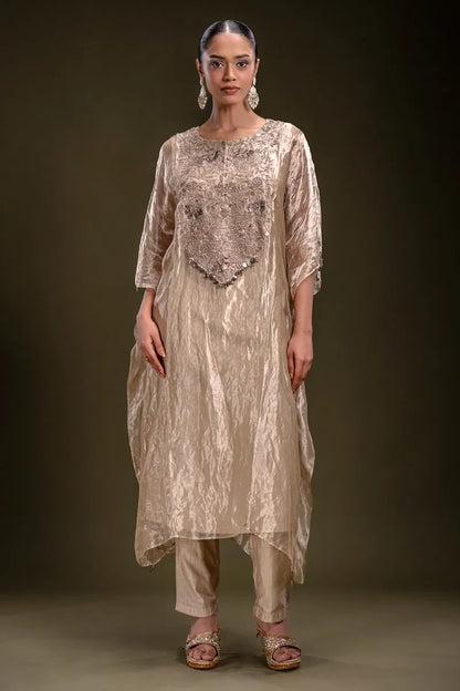 Beige Zardosi Embroidered Kaftan Style Tissue Kurti-JE4461