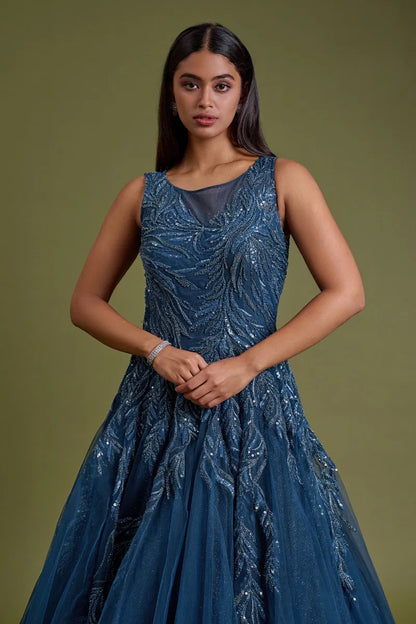 Blue Net Evening Gown with Sequins Embroidery and Illusion Neck-GG2045