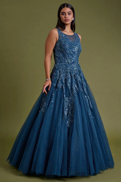 Blue Net Evening Gown with Sequins Embroidery and Illusion Neck-GG2045