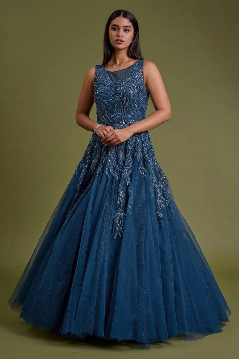 Blue Net Evening Gown with Sequins Embroidery and Illusion Neck-GG2045