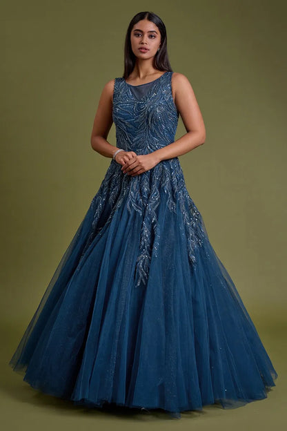 Blue Net Evening Gown with Sequins Embroidery and Illusion Neck-GG2045