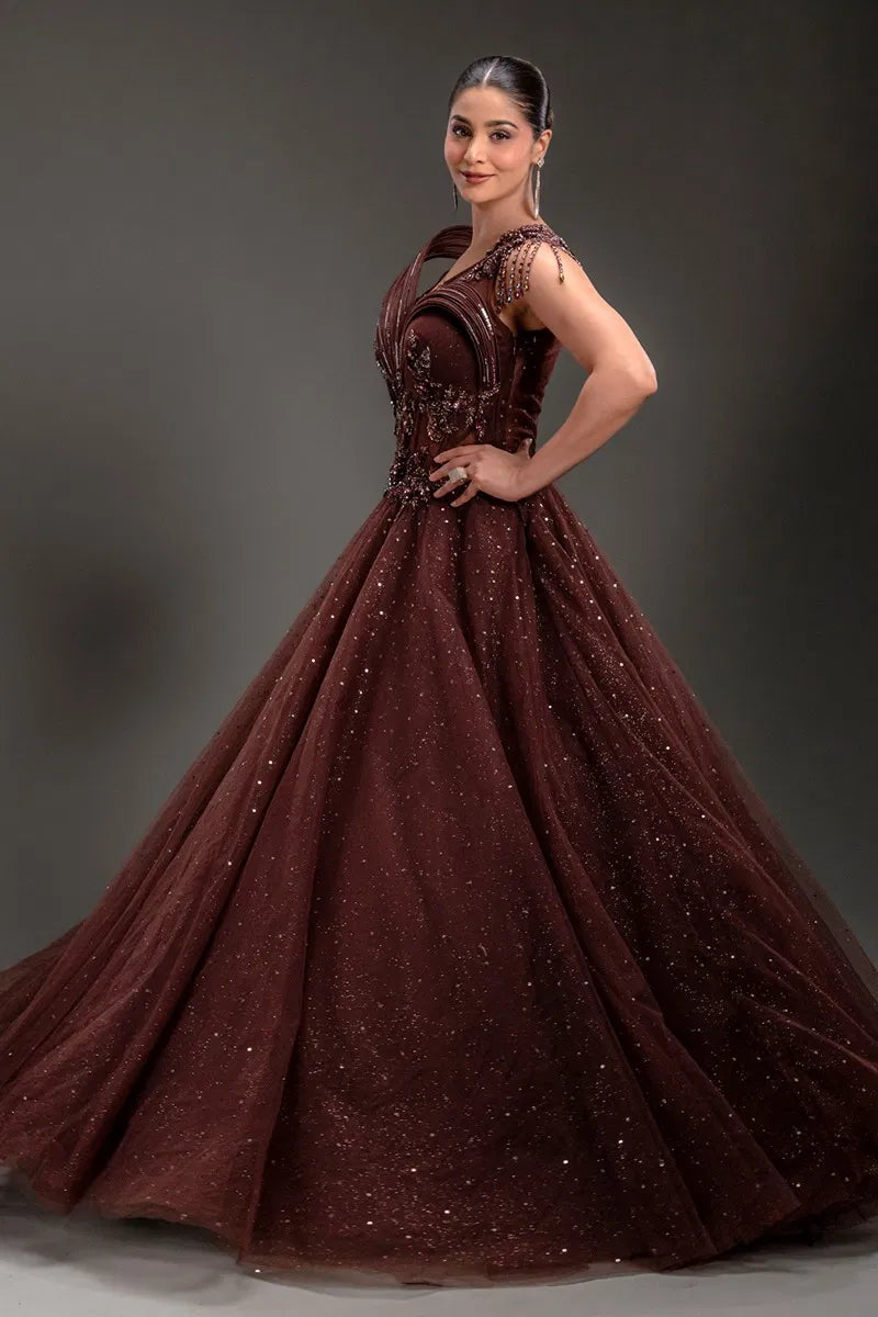 Brown Net Ball Gown with Sequins Embroidery-JE1111