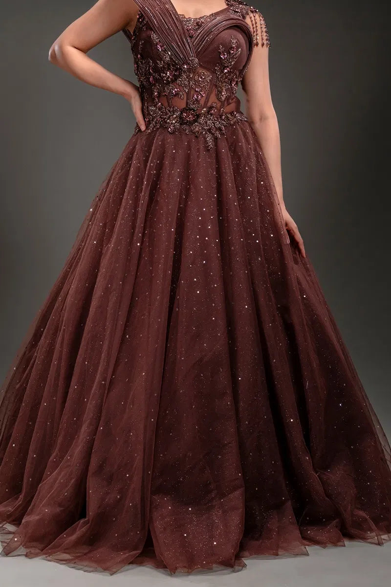 Brown Net Ball Gown with Sequins Embroidery-JE1111