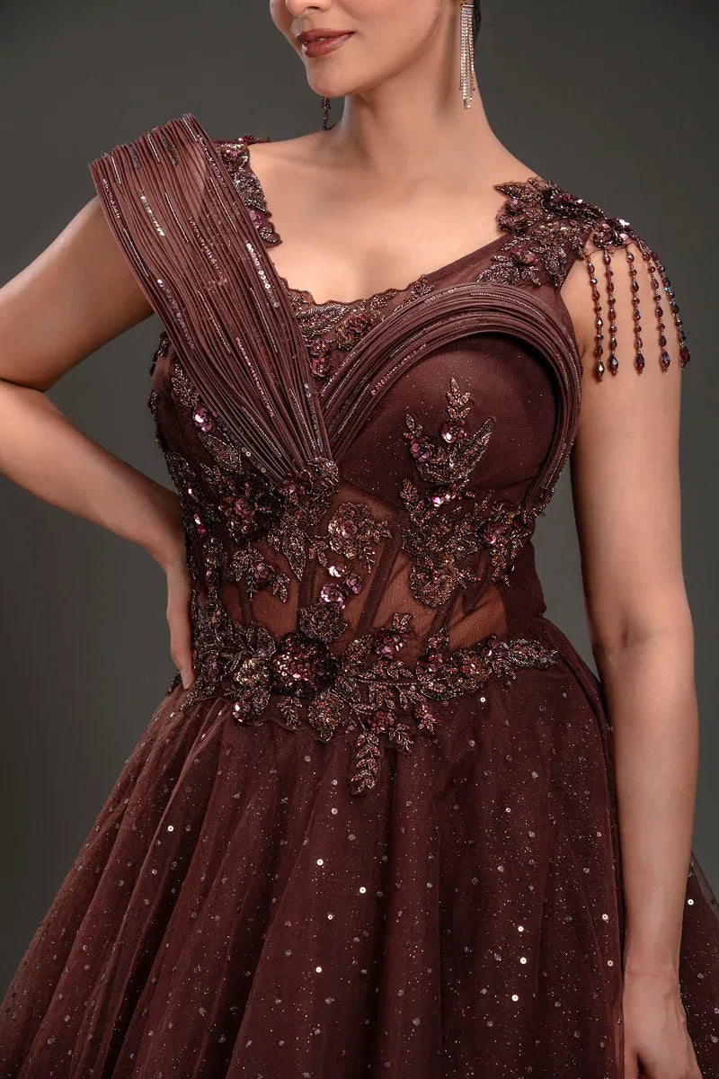 Brown Net Ball Gown with Sequins Embroidery-JE1111