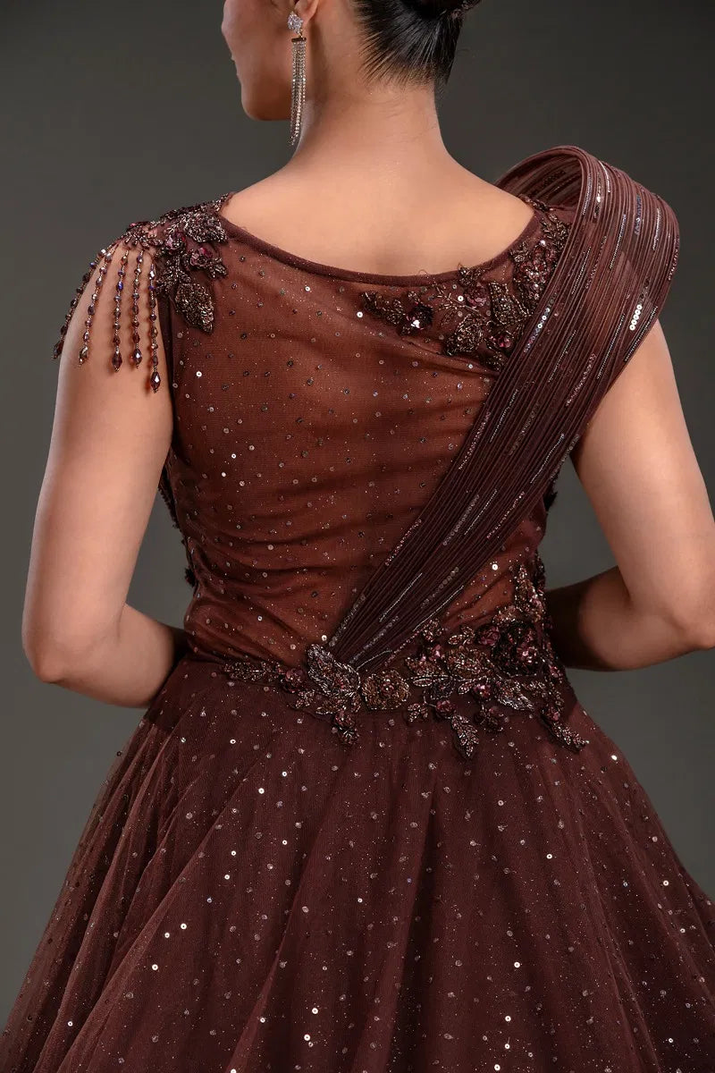 Brown Net Ball Gown with Sequins Embroidery-JE1111