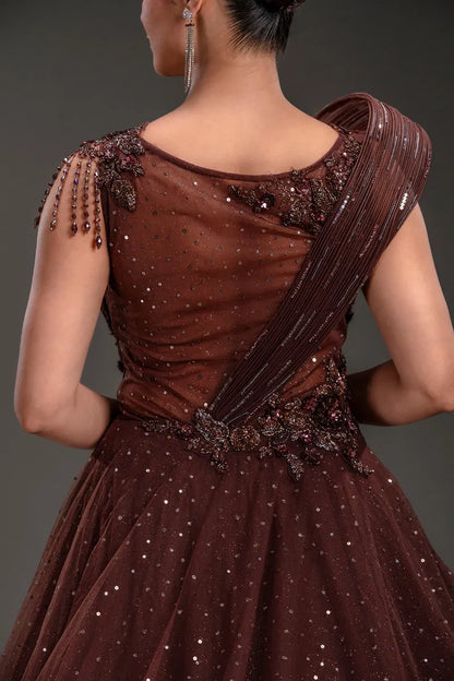 Brown Net Ball Gown with Sequins Embroidery-JE1111