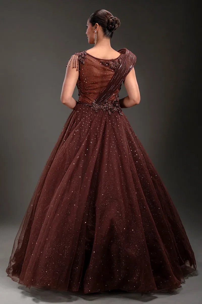 Brown Net Ball Gown with Sequins Embroidery-JE1111
