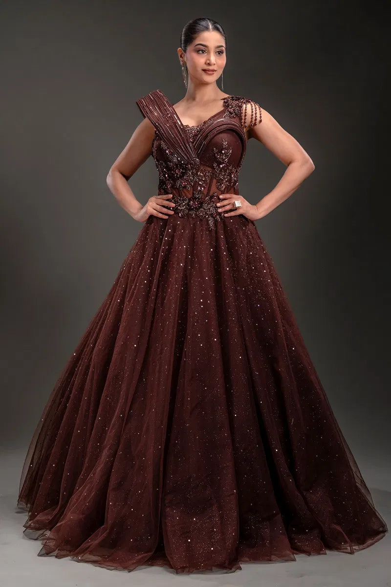 Brown Net Ball Gown with Sequins Embroidery-JE1111