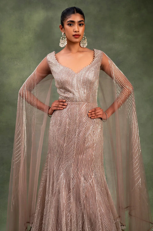 Brown Net Cocktail Gown with Bead Work and Leaf Neck-GF2476