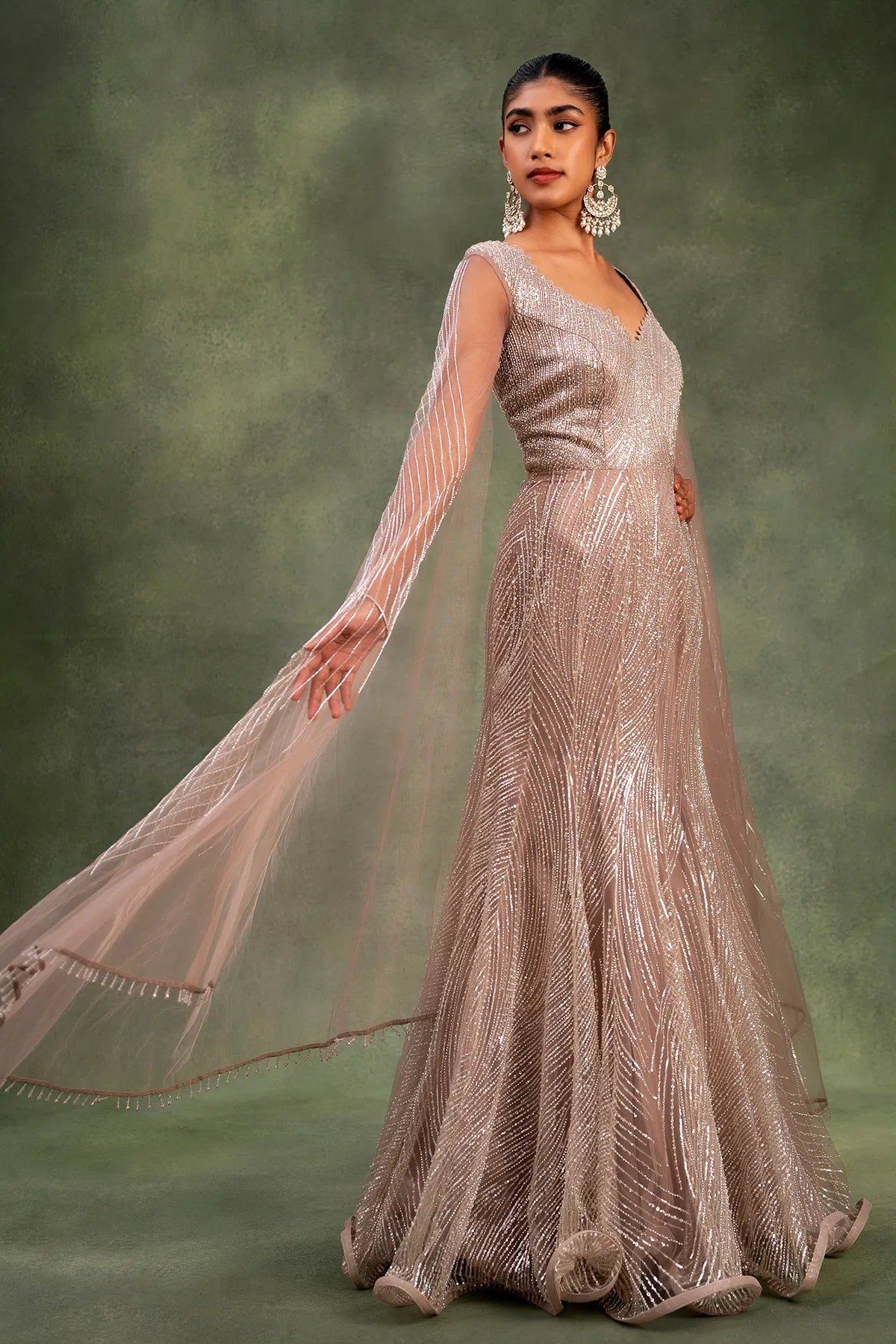 Brown Net Cocktail Gown with Bead Work and Leaf Neck-GF2476