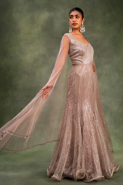 Brown Net Cocktail Gown with Bead Work and Leaf Neck-GF2476