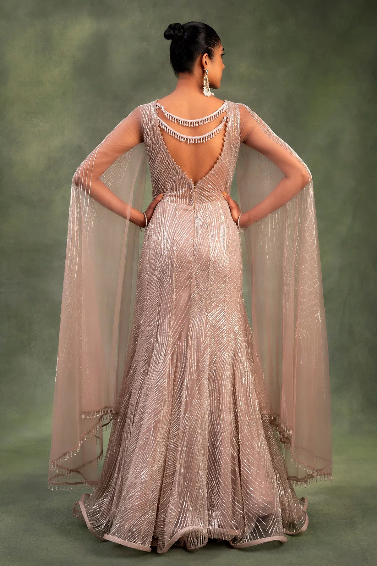 Brown Net Cocktail Gown with Bead Work and Leaf Neck-GF2476