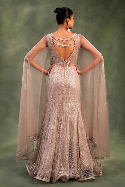 Brown Net Cocktail Gown with Bead Work and Leaf Neck-GF2476