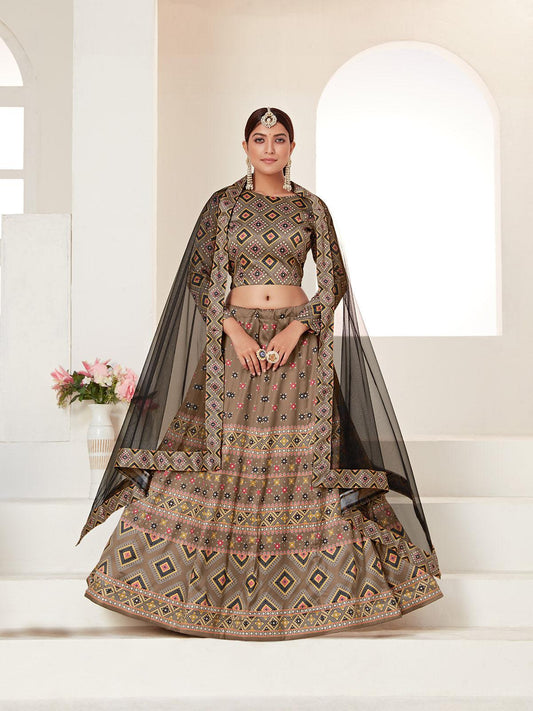 Odette Brown Printed Semi Stitched Lehenga With Unstitched Blouse For Women