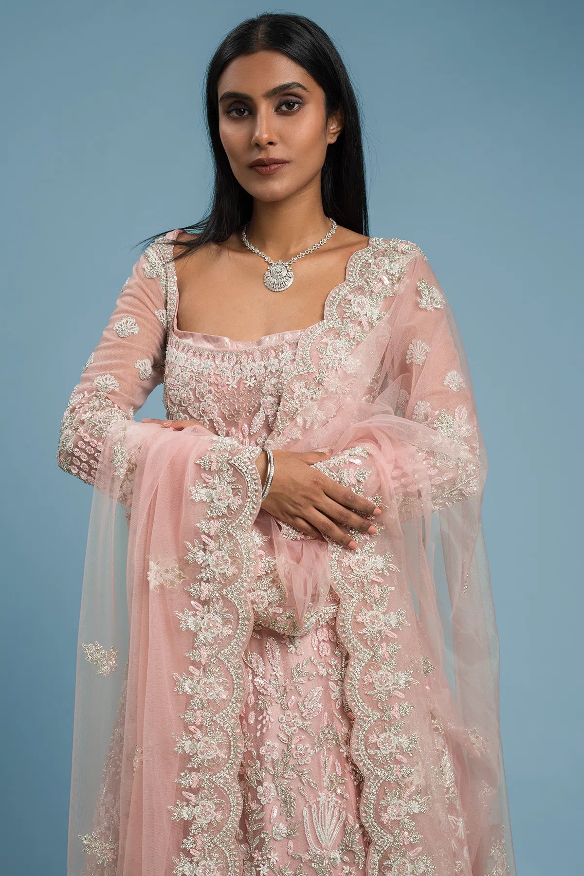 Candy Pink Pearl Embroidered Net Indowestern Gown with Square Neck-GG1503