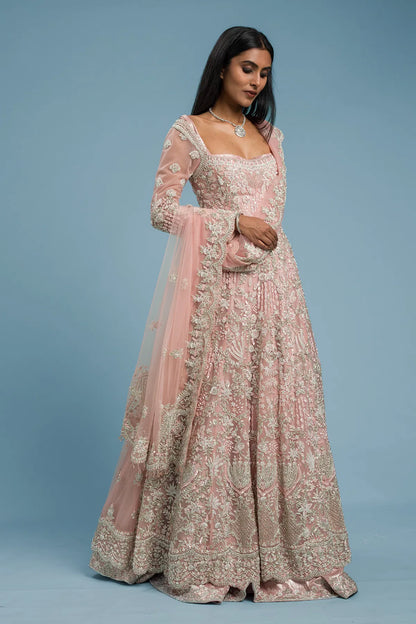 Candy Pink Pearl Embroidered Net Indowestern Gown with Square Neck-GG1503