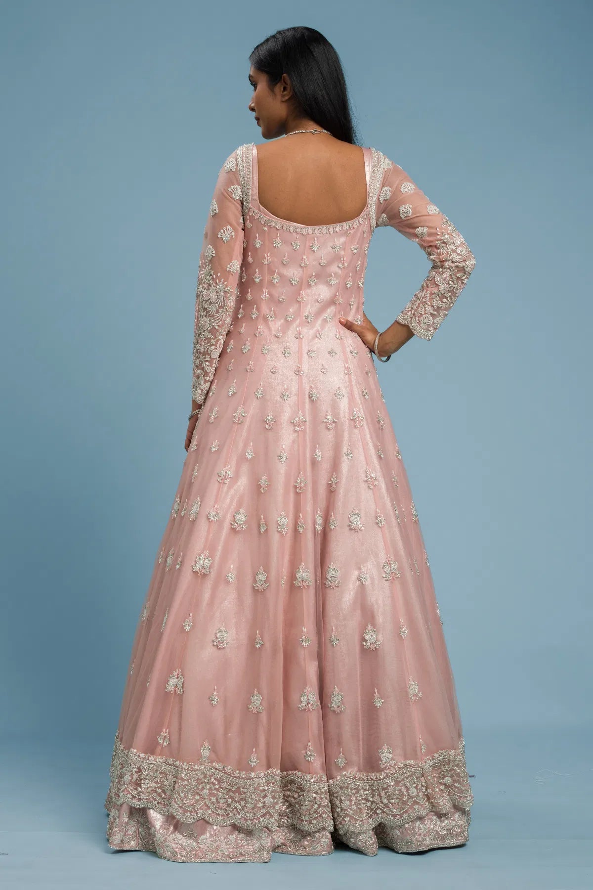 Candy Pink Pearl Embroidered Net Indowestern Gown with Square Neck-GG1503