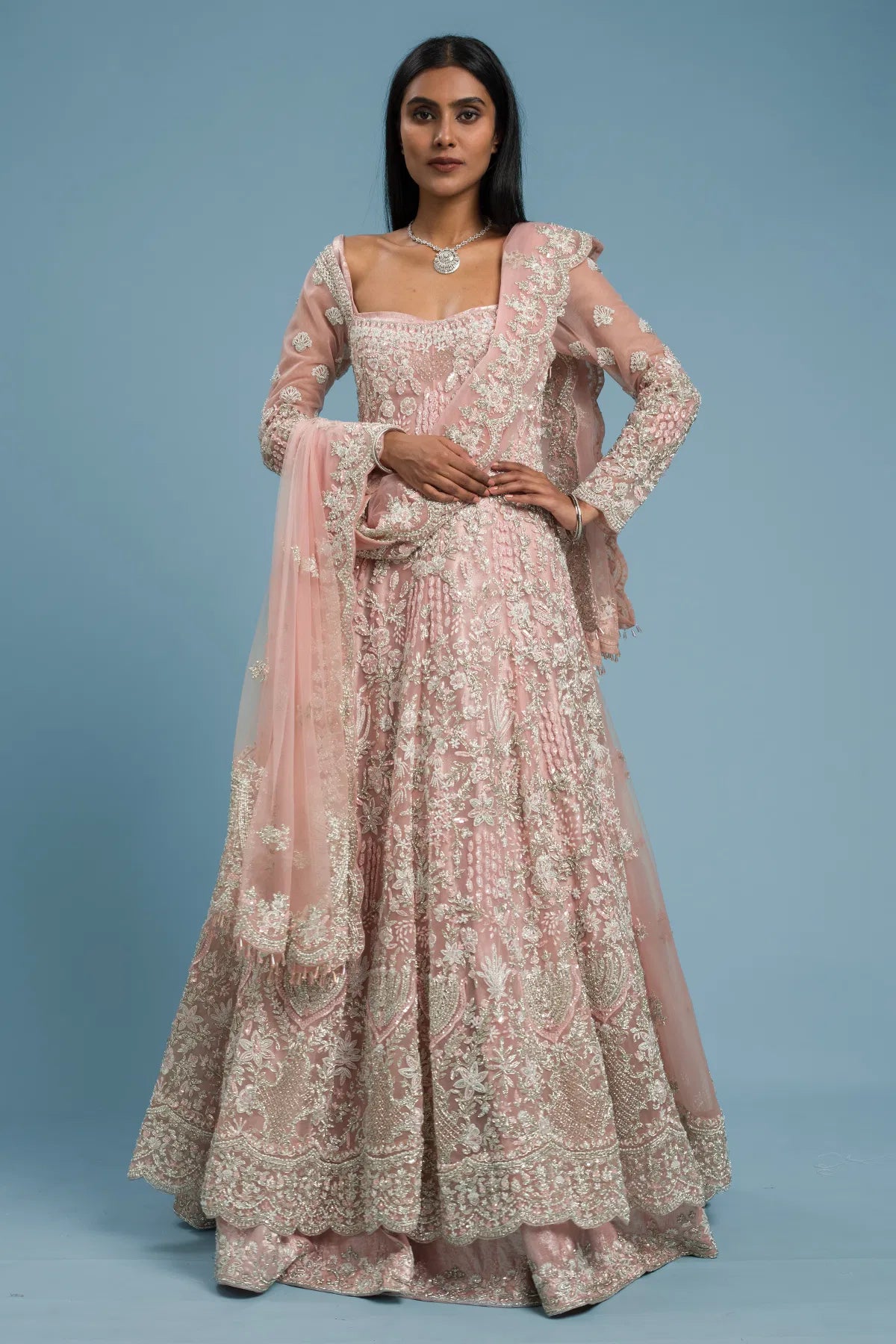 Candy Pink Pearl Embroidered Net Indowestern Gown with Square Neck-GG1503
