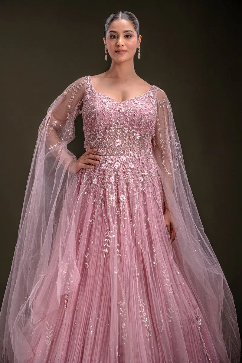 Candy Pink Sequins Embroidered Net Evening Gown with Slit Sleeves-JD3759