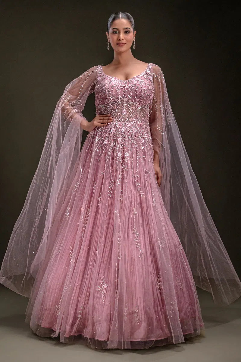 Candy Pink Sequins Embroidered Net Evening Gown with Slit Sleeves-JD3759