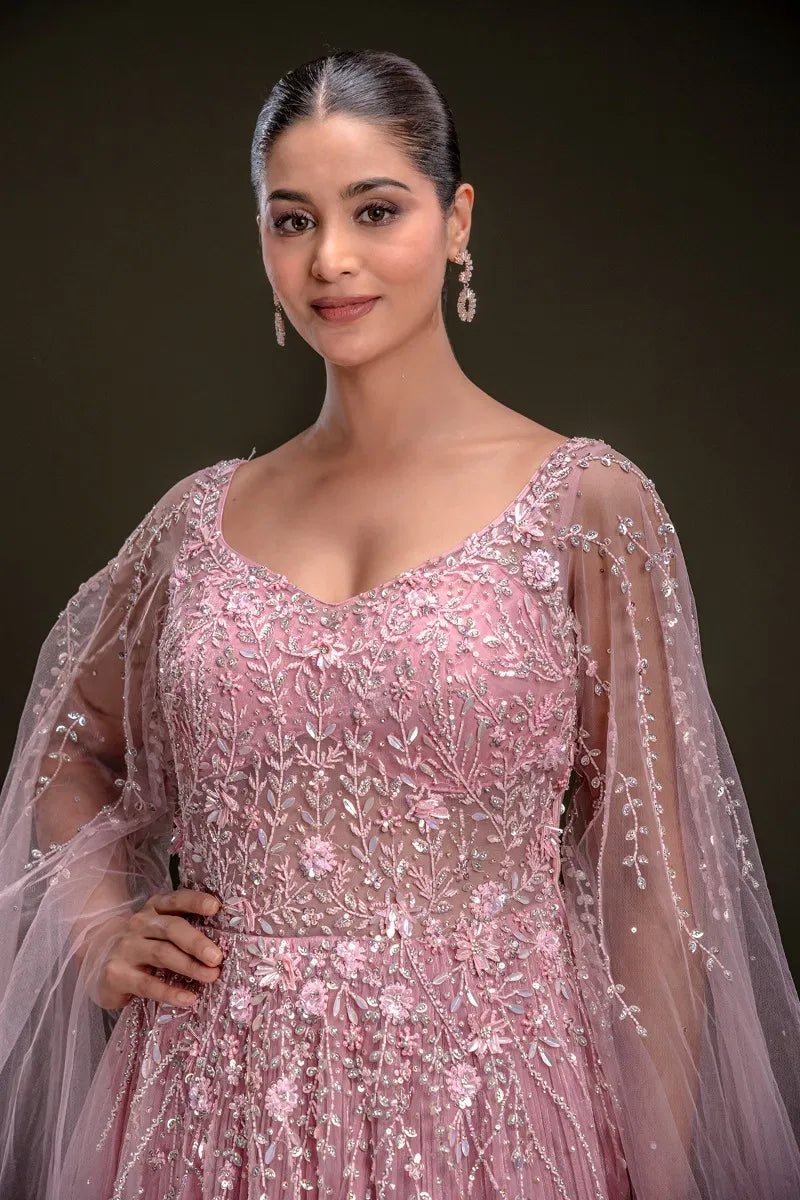 Candy Pink Sequins Embroidered Net Evening Gown with Slit Sleeves-JD3759