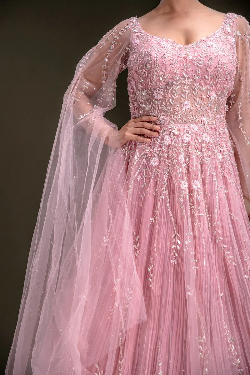 Candy Pink Sequins Embroidered Net Evening Gown with Slit Sleeves-JD3759