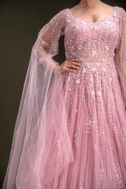 Candy Pink Sequins Embroidered Net Evening Gown with Slit Sleeves-JD3759