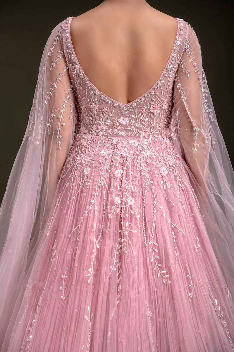 Candy Pink Sequins Embroidered Net Evening Gown with Slit Sleeves-JD3759