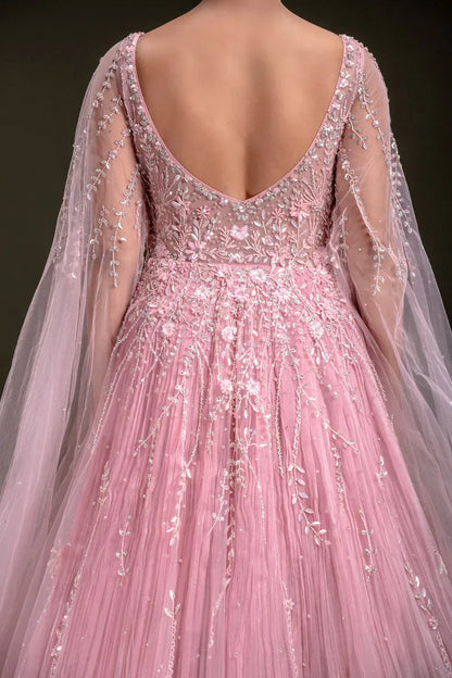 Candy Pink Sequins Embroidered Net Evening Gown with Slit Sleeves-JD3759
