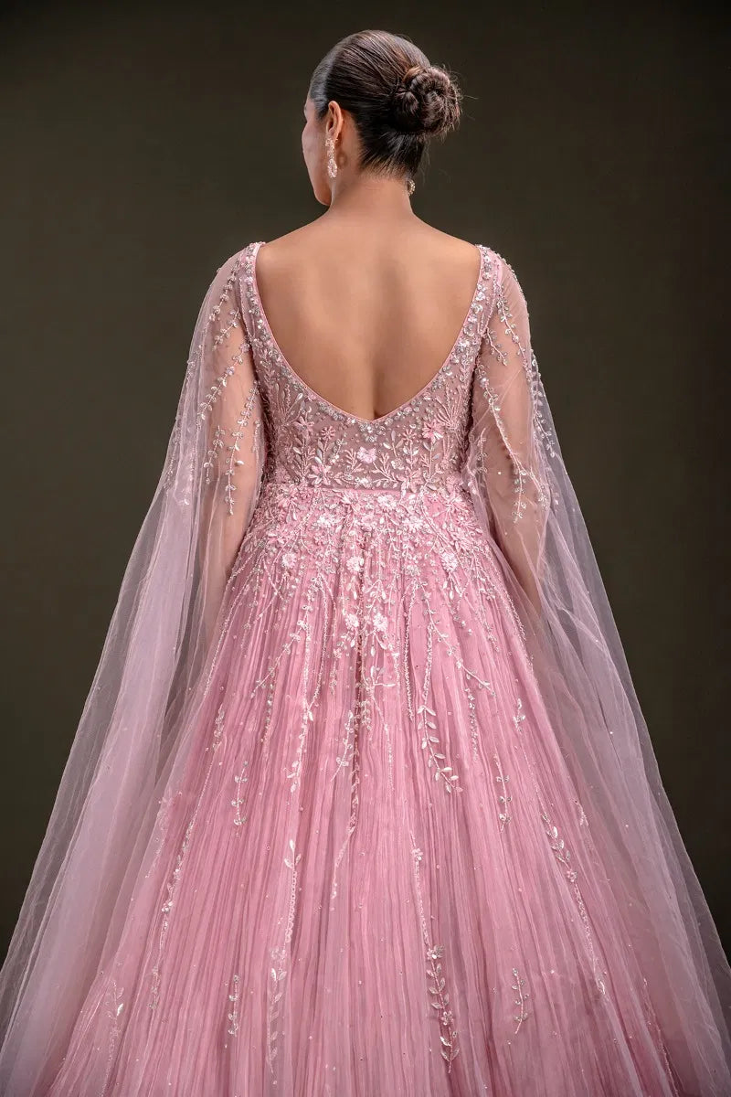Candy Pink Sequins Embroidered Net Evening Gown with Slit Sleeves-JD3759