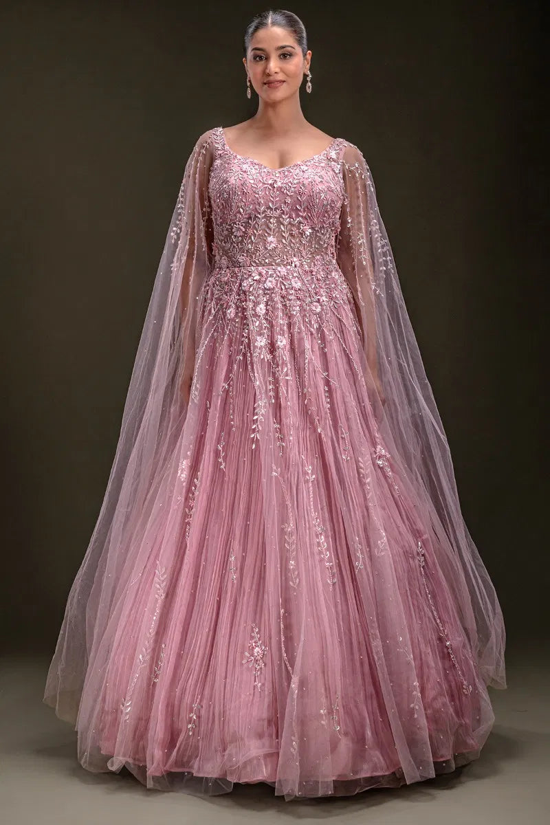 Candy Pink Sequins Embroidered Net Evening Gown with Slit Sleeves-JD3759