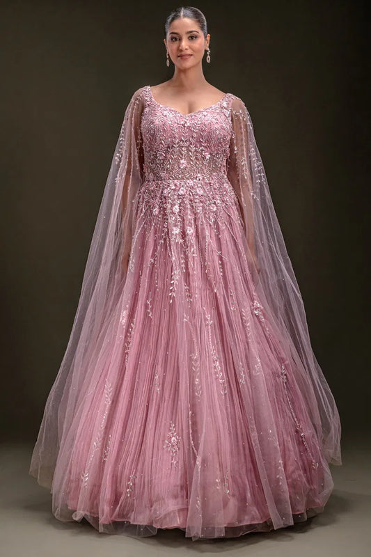 Candy Pink Sequins Embroidered Net Evening Gown with Slit Sleeves-JD3759