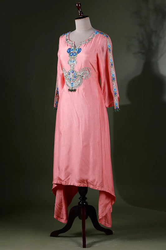 Carnation Pink Resham Embroidered Kurti with Slit Neck-JE2358