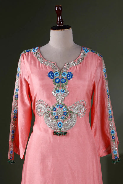 Carnation Pink Resham Embroidered Kurti with Slit Neck-JE2358