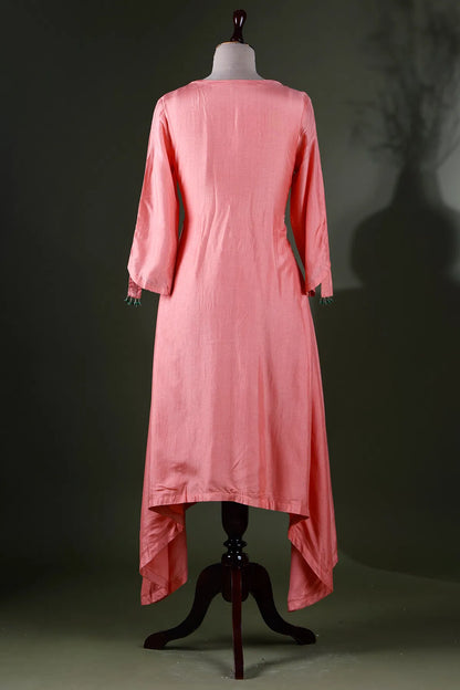 Carnation Pink Resham Embroidered Kurti with Slit Neck-JE2358
