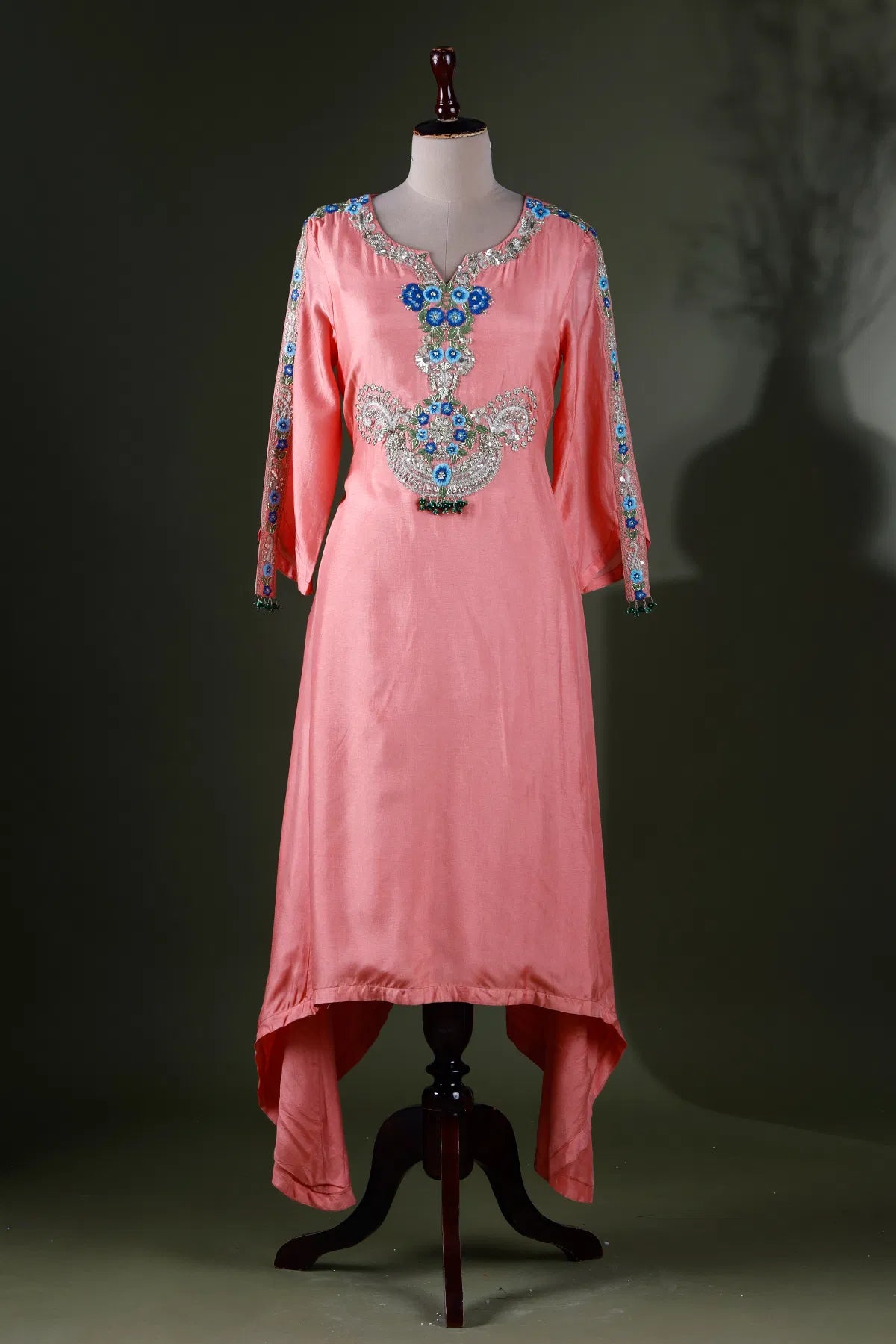Carnation Pink Resham Embroidered Kurti with Slit Neck-JE2358